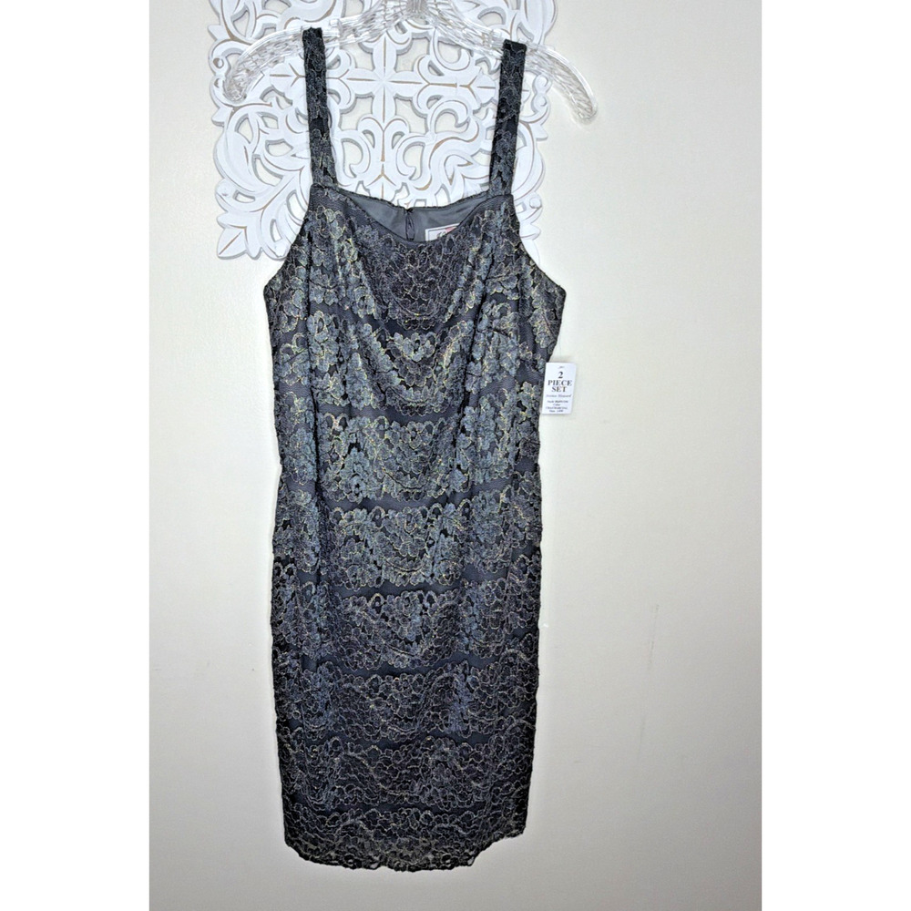 Jessica Howard Woman 14 14W Lacy Cocktail Sheath Dress & Jacket Set BLACK Gold - Picture 4 of 11